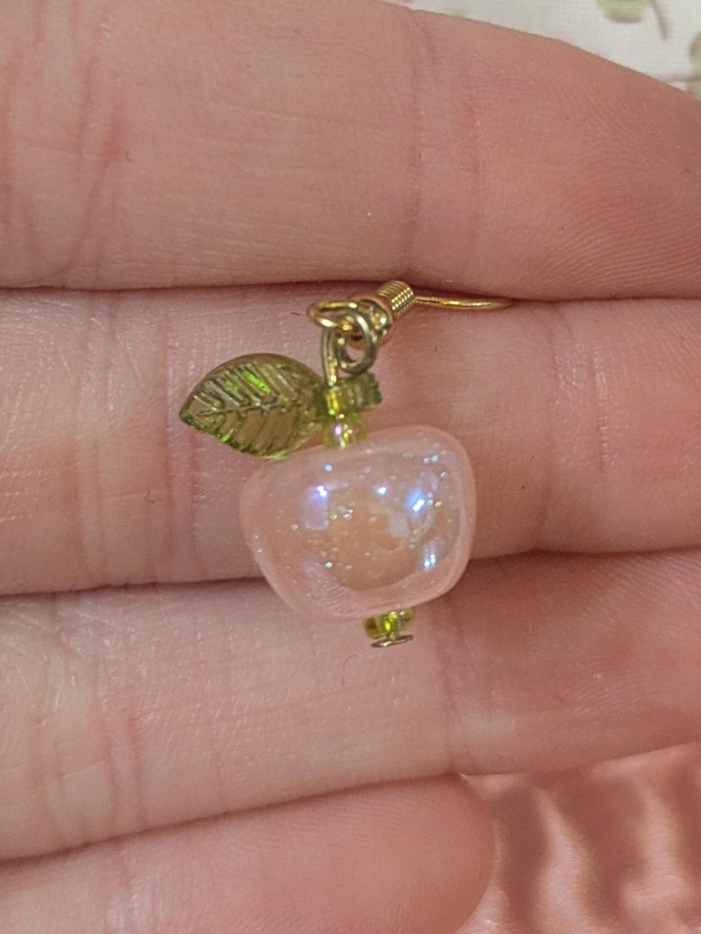 Gold-Tone Pink Glass Apple Drop Earring with Leaf Accent